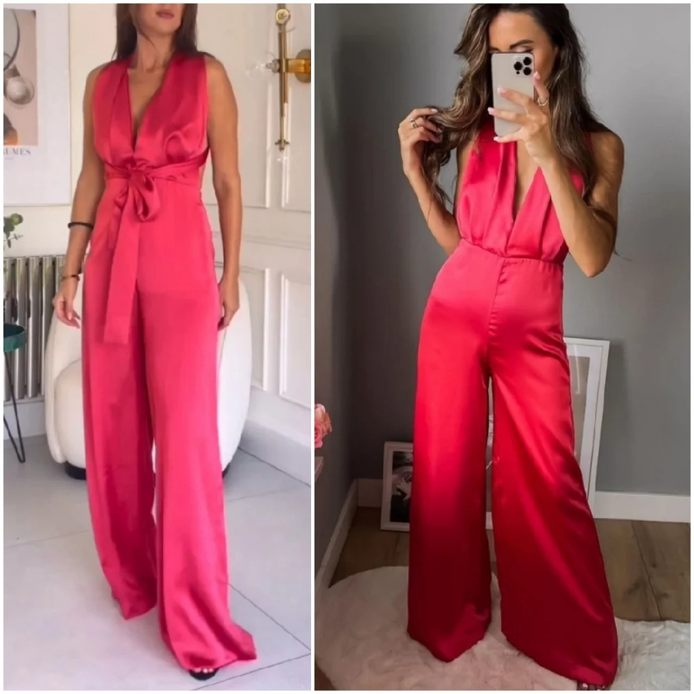 Zara * Satin Effect Jumpsuit Wide Leg Pink Long Size XS